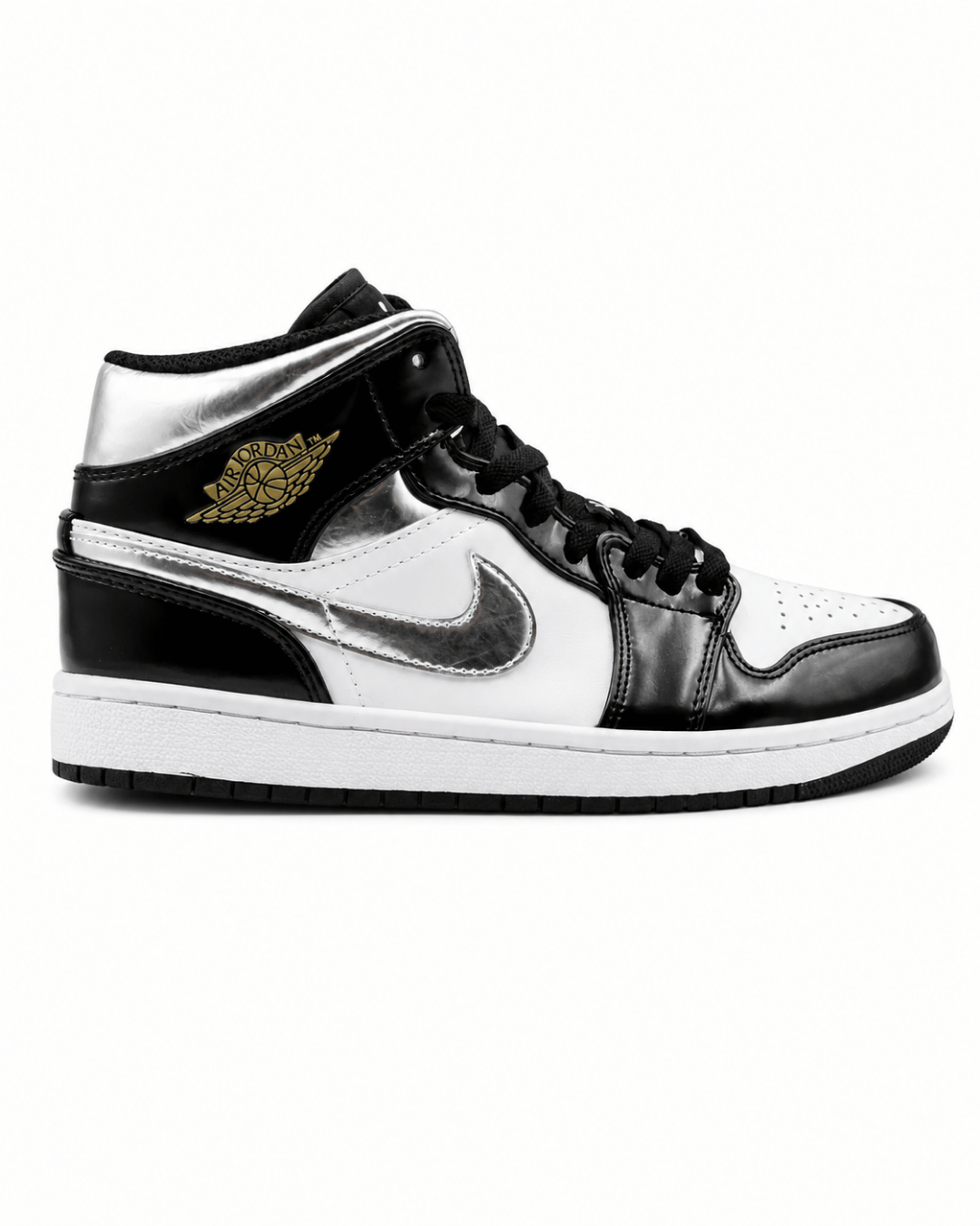 Air Jordan 1 Mid SE Patent Black White Metallic Silver