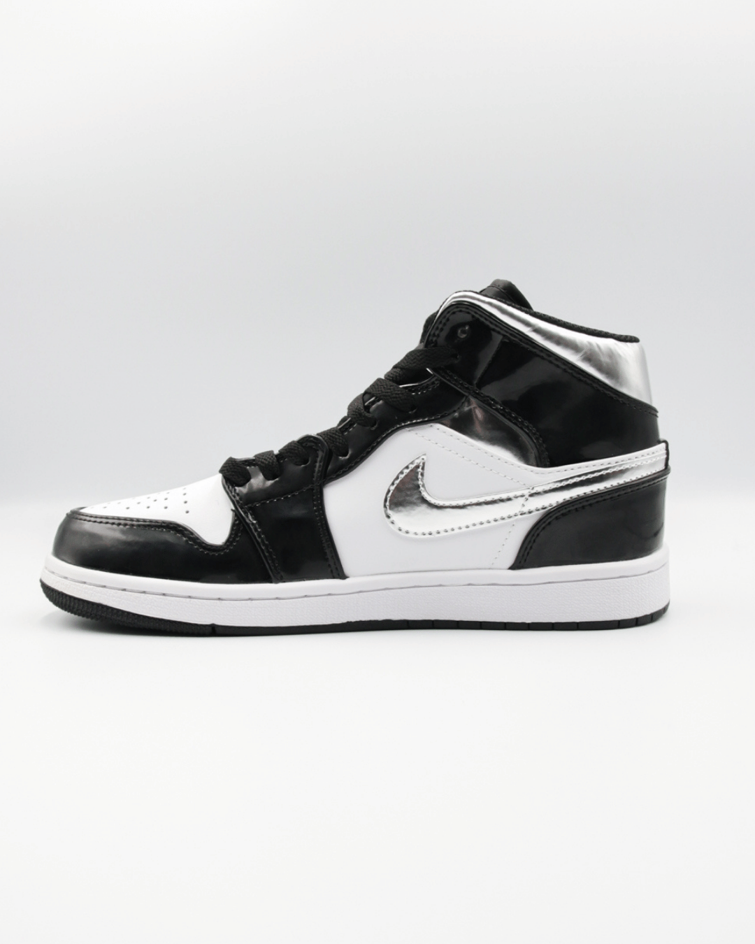 Air Jordan 1 Mid SE Patent Black White Metallic Silver