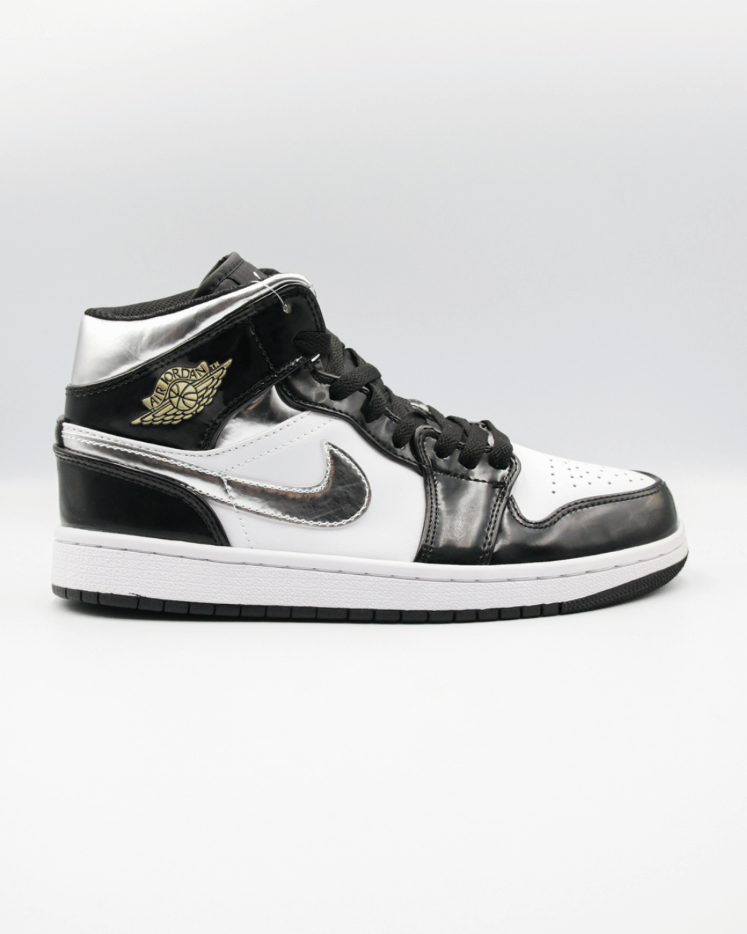 Air Jordan 1 Mid SE Patent Black White Metallic Silver